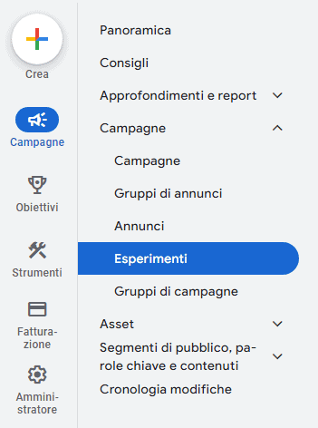 Menù esperimenti google ads