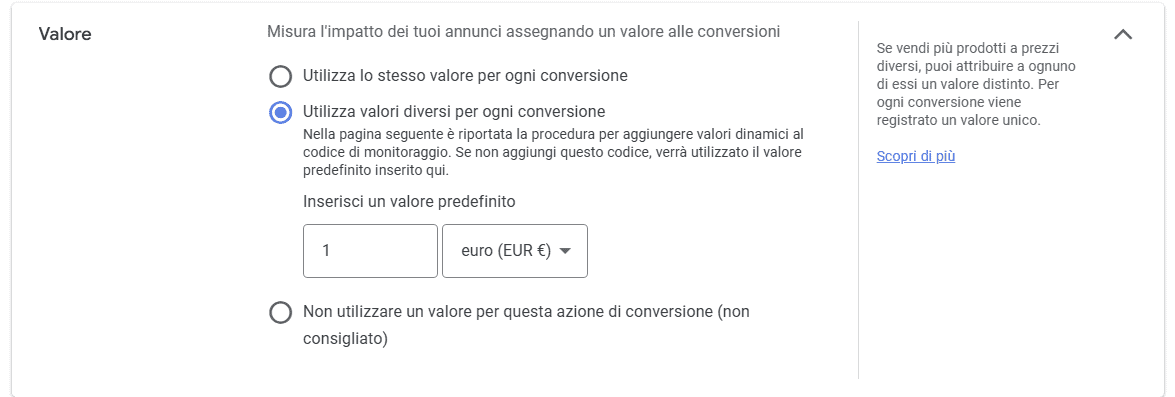 valore conversioni google ads