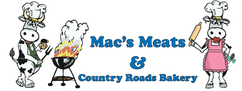 Logo for Mac's Meats & Country Roads Bakery featuring cartoon cows and bakery theme.