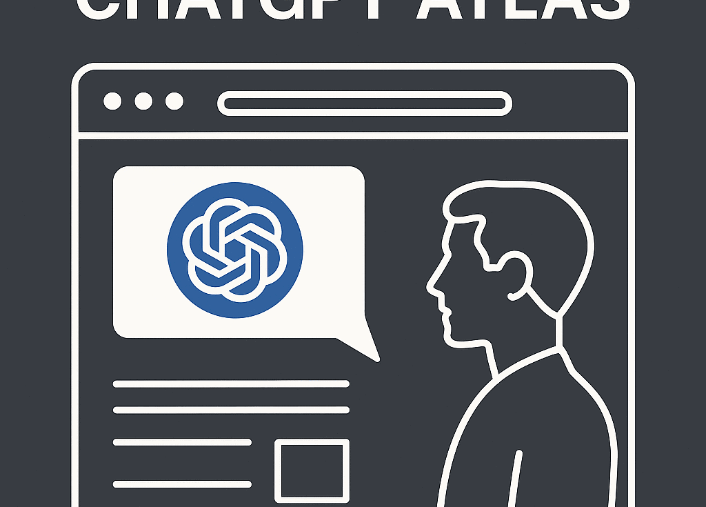 Minimalista, kék-fehér tónusú illusztráció a ChatGPT Atlas böngészőről, amelyben egy ember és egy AI-asszisztens kommunikál modern, letisztult felületen.