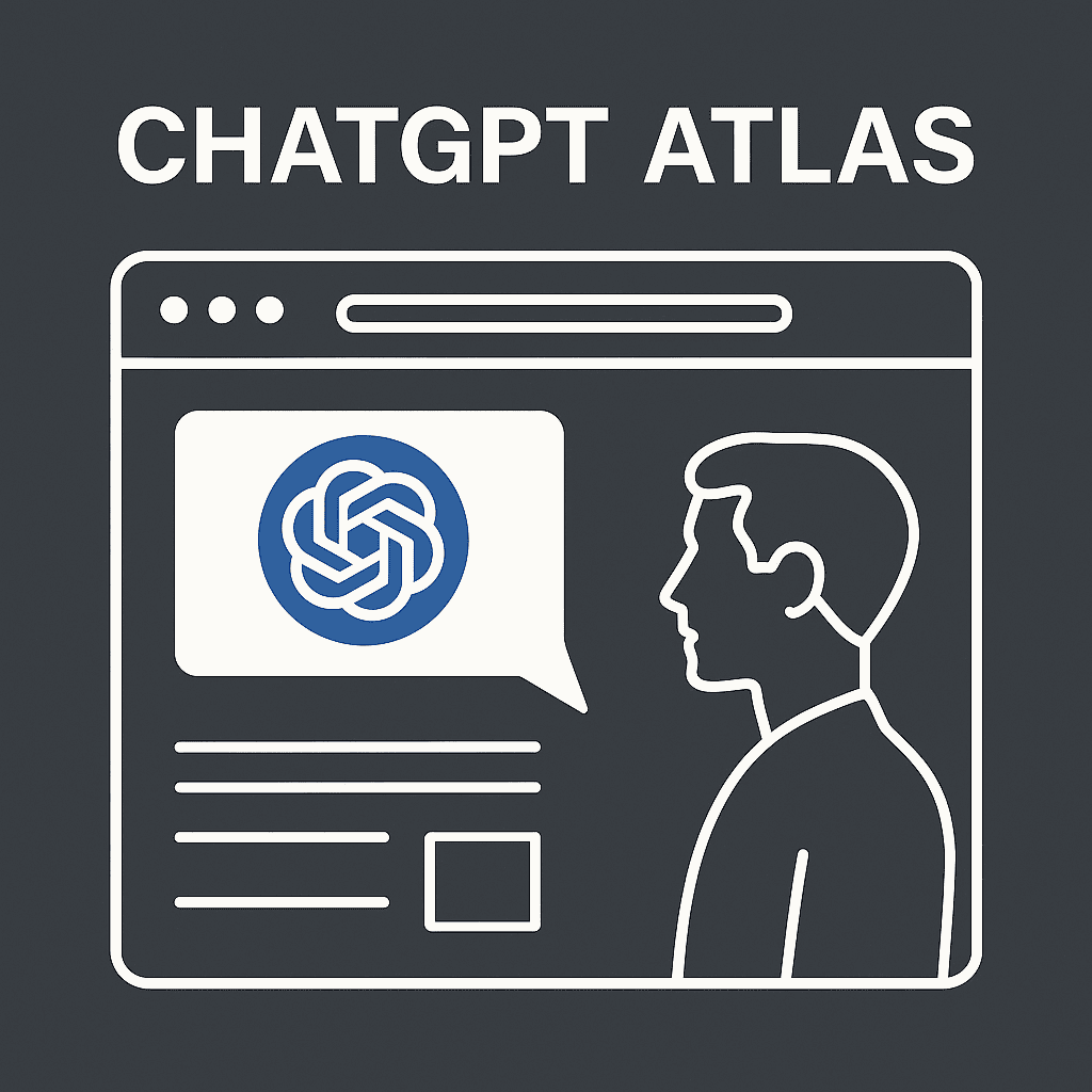 Minimalista, kék-fehér tónusú illusztráció a ChatGPT Atlas böngészőről, amelyben egy ember és egy AI-asszisztens kommunikál modern, letisztult felületen.