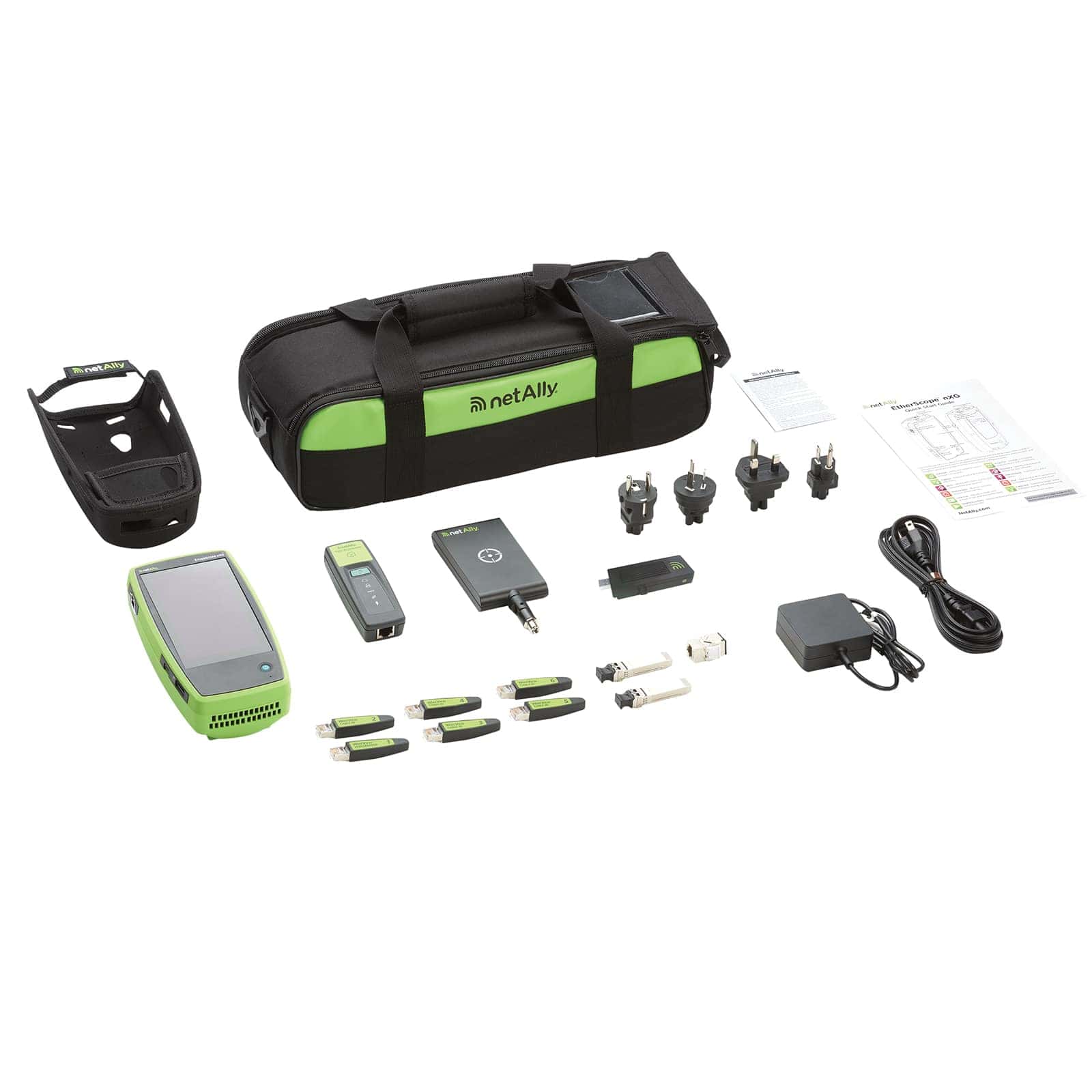 NetAlly EtherScope nXG Professional Kit: Handheld-Tester mit Holster, Transporttasche, Netzteil mit vier Ländersteckern, WireView Cable IDs 1 bis 6, zwei SFP-Modulen und RJ45-Kupplung
