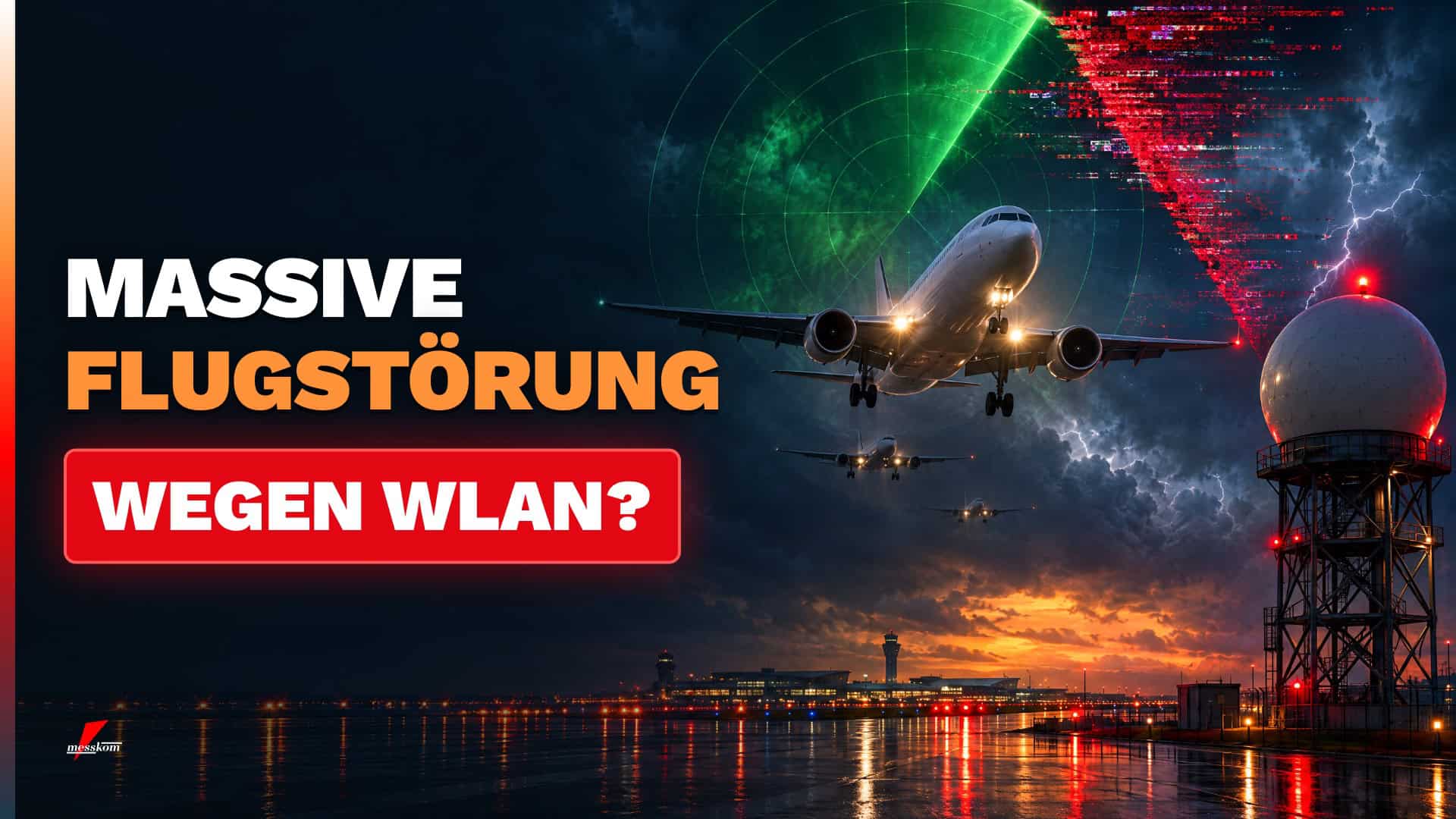 Passagierjet im Landeanflug über einem Flughafen im Gewitter, daneben ein Radarturm, ein grüner Radarschirm mit roter Störung, Schriftzug „Massive Flugstörung wegen WLAN?“