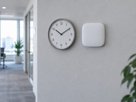 Access Point an der Wand neben einer Wanduhr