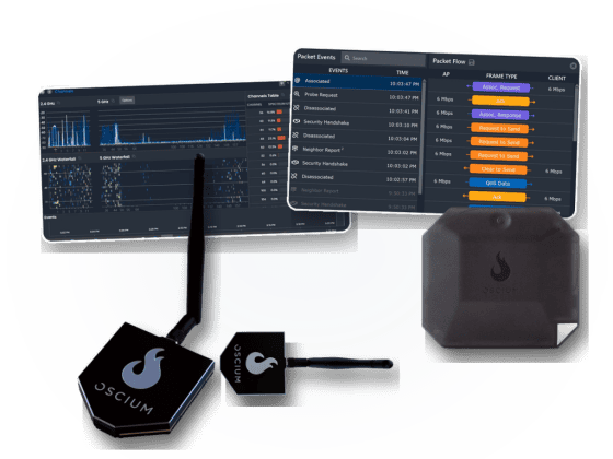Oscium Wi-Spy Lucid, Interference Finder Richtantenne und Oscium Nomad vor Chanalyzer- und MetaGeek-App-Ansichten