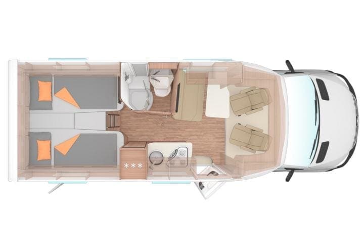 Komplettes Wohnmobil-Layout mit Schlafbereich, Küchenzeile und Fahrersitzen für Camping-Abenteuer.
