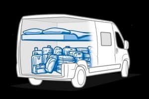 Rucksack und koffer im moon camper für camping und campingtouren.