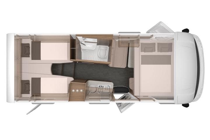 Gemütlicher Camper-Innenraum mit Betten, Küche und Bad, ideal für Camping und Abenteuer.