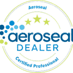 Aeroseal Dealer Certified Professional badge, showcasing three stars and vibrant blue and green dots—trusted, clean HVAC expertise.