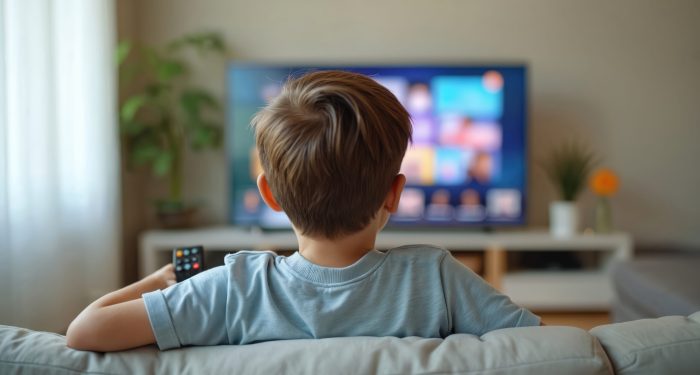 Young boy sits on couch watching TV. Child switches channels using remote control. Focused kid watching content, relaxing at home. TV screen shows program indoor leisure.