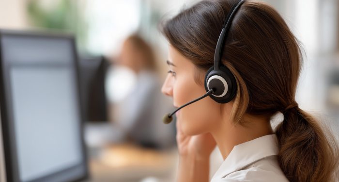 Faceless woman headset and computer screen at call center in office for CRM customer service and sales information, advisor mic and talking for telemarketing technical support feed