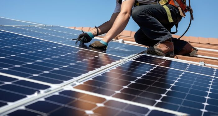 A worker installs solar panels on the roof of a house