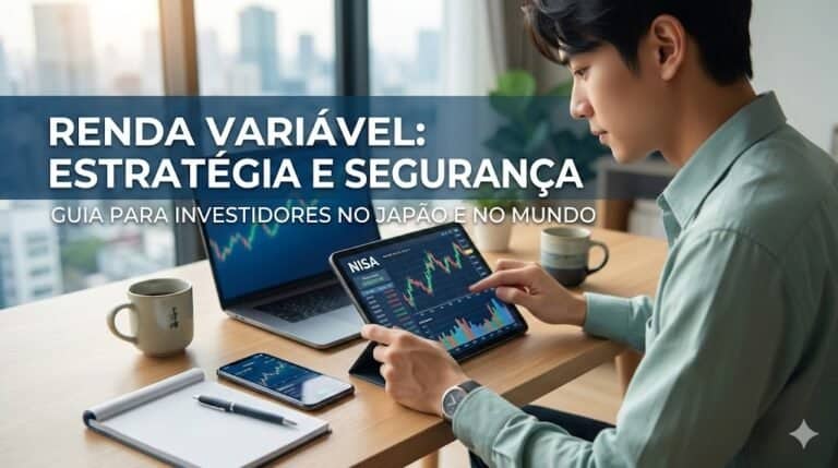 Investidor analisando ativos de renda variável no Japão através de um tablet com gráficos financeiros e o sistema NISA.