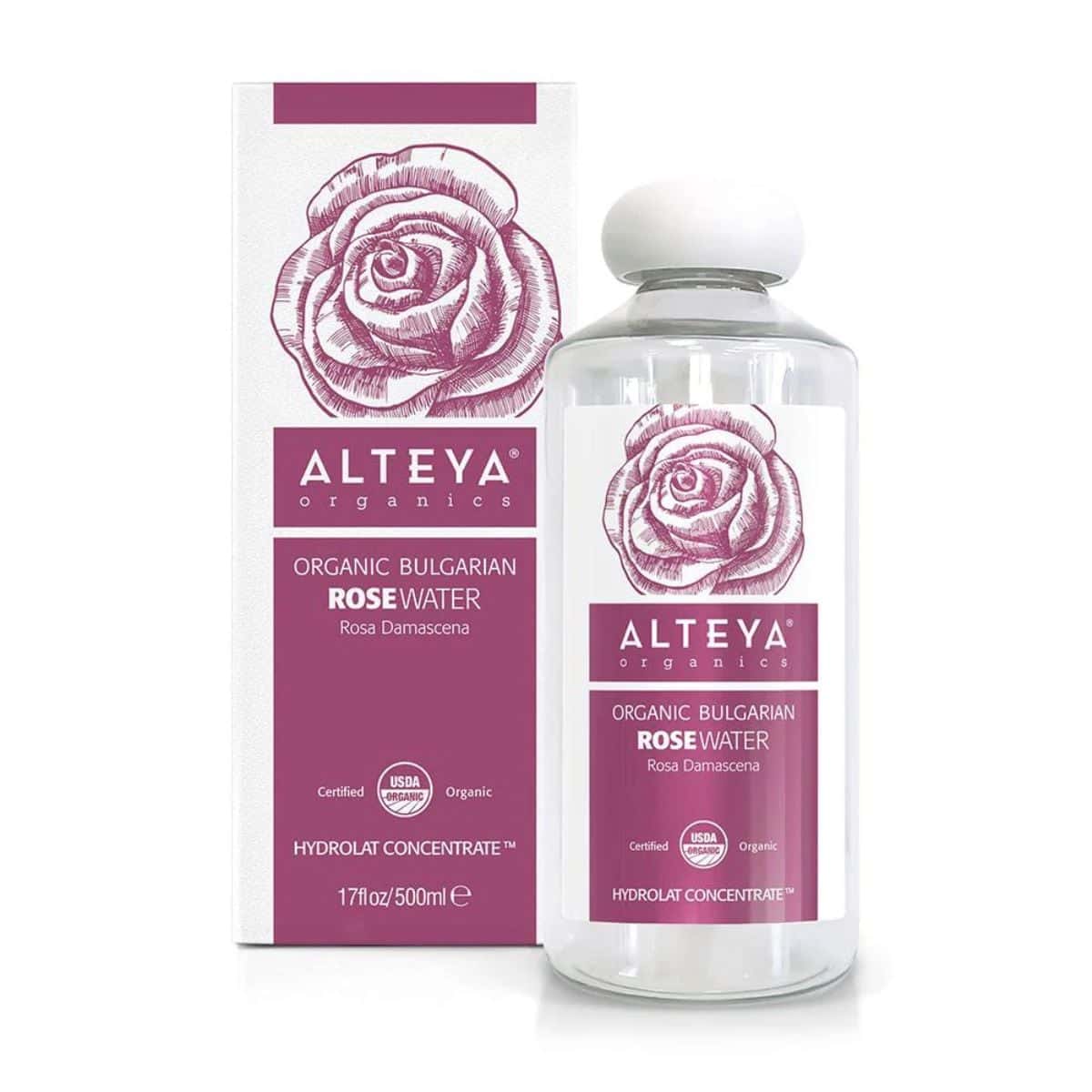 ALTEYA ORGANICS 有機保加利亞玫瑰花水，天然純正，適合肌膚保養，包裝展示瓶身與盒子，強調有機認證與環保理念。.