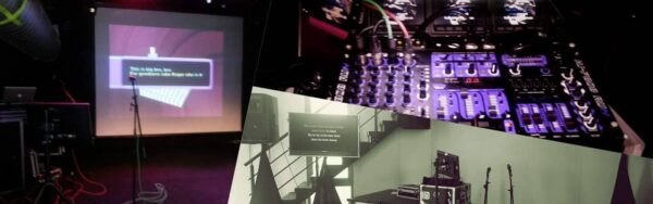 Voorbeeldopstelling van een karaoke installatie bij PartyDJ met mengpaneel, microfoon, speakers en schermen