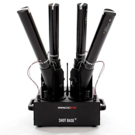 Verhuur van MagicFX 4-shot Base Wireless Huren » Verhuur van draadloos elektrisch draadloze confetti shooter kan bij PartyDJ uit Aalst, Oost Vlaanderen.