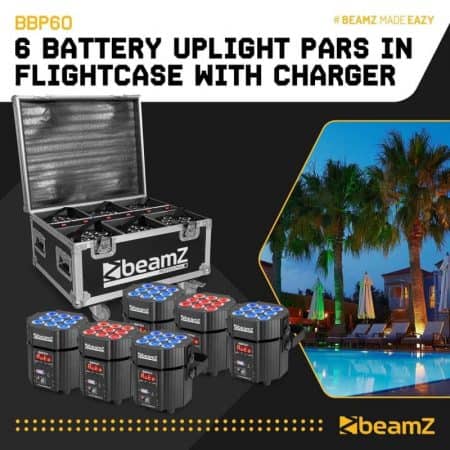 Uplighting huren. Beamz BBP-60 uplighters op batterij te huur. Verhuur van draadloze grondspots Beamz Pro BBP60 op batterij bij PartyDJ uit Aalst, Oost Vlaanderen.