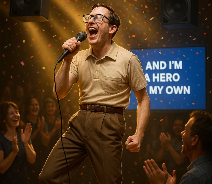 Karaoke microfoon in de hand van een collega tijdens een ontspannen bedrijfsevenement. Karaoke microfoon in de hand van een collega tijdens een ontspannen bedrijfsevenement.
