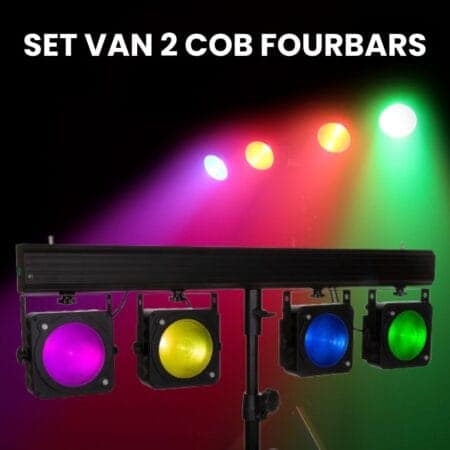 Huur de JB Systems COB-4BAR set: twee krachtige 4×36W RGB LED-bars met DMX, lenzen en schuko-uitgangen. Ideaal voor feesten, recepties en bedrijfsevents. Fourbar huren bij PartyDJ. Verhuur.