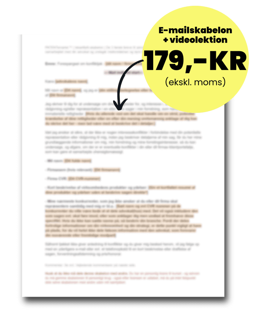 Blurred text document with a labeled section in red and highlighted text. Yellow circular graphic in the upper right corner displays "e-mailskabelon + videolektion 179,- kr (ekskl. Moms)" with an arrow pointing to the document.