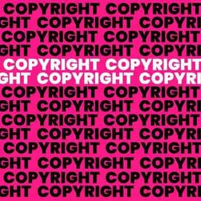 The image features the word "copyright" repeatedly printed in black and white text against a pink background.