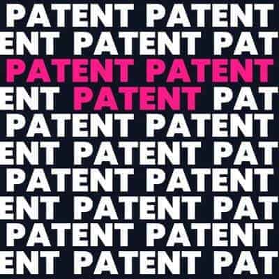 Repeated word "patent" in a bold white font on a black background, with the central "patent" in bright pink.