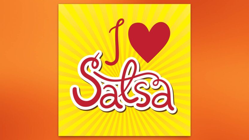 Diseño gráfico que dice "Amo la Salsa" con un corazón.