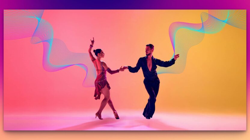 Pareja bailando tango con fondo abstracto.