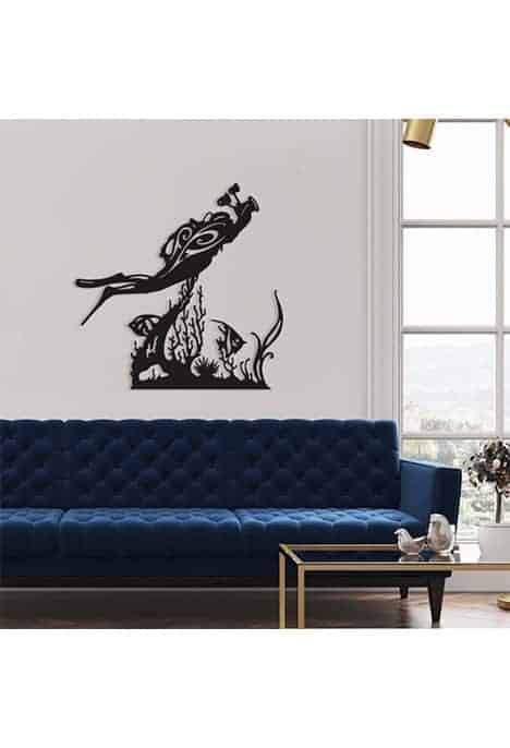 Decoration Murale En Metal Plongeur Photographe Et Coraux Acier 2