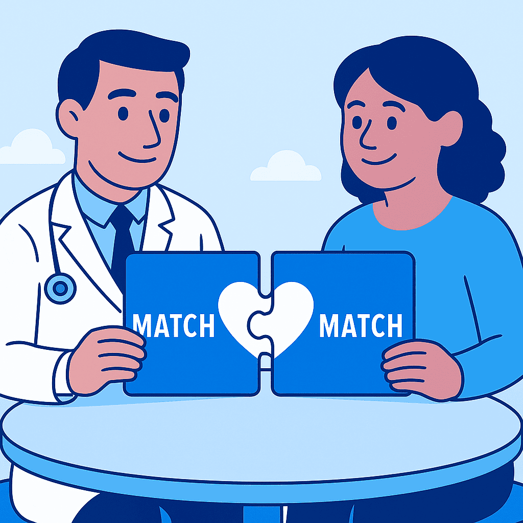 A smiling researcher and patient sit across a round table, each holding a puzzle piece labeled “MATCH.” The two pieces fit together to form a heart in the center, symbolising connection and alignment. The scene conveys mutual understanding, partnership, and shared purpose in clinical trial participation.