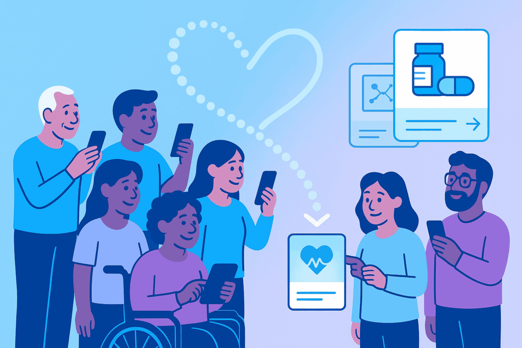 A diverse group of people, including individuals of different ages, ethnicities, and abilities, are standing together holding smartphones and tablets. A glowing heart-shaped path made of dots connects them to illustrated icons representing clinical trials — such as a pill bottle, hospital chart, and heart monitor card. The scene is styled in soft blues and purples, with a subtle swipe-style interface suggesting trial matching.
