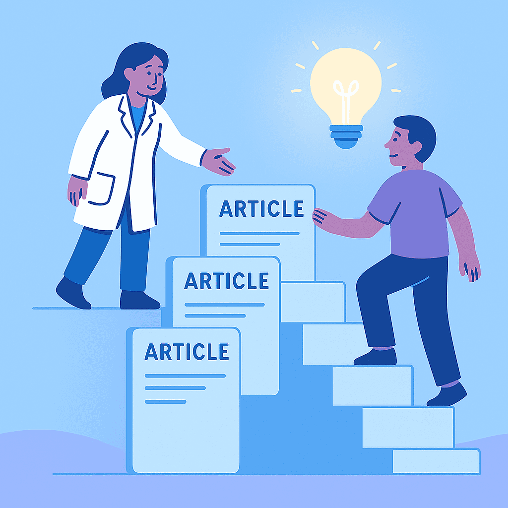 A patient climbs a staircase made of article blocks, each labeled “ARTICLE,” guided by a researcher offering a helping hand at the top. A glowing lightbulb hovers above them, symbolising a moment of insight or understanding. The image uses calming blue and purple tones to evoke trust, learning, and empowerment through accessible information.