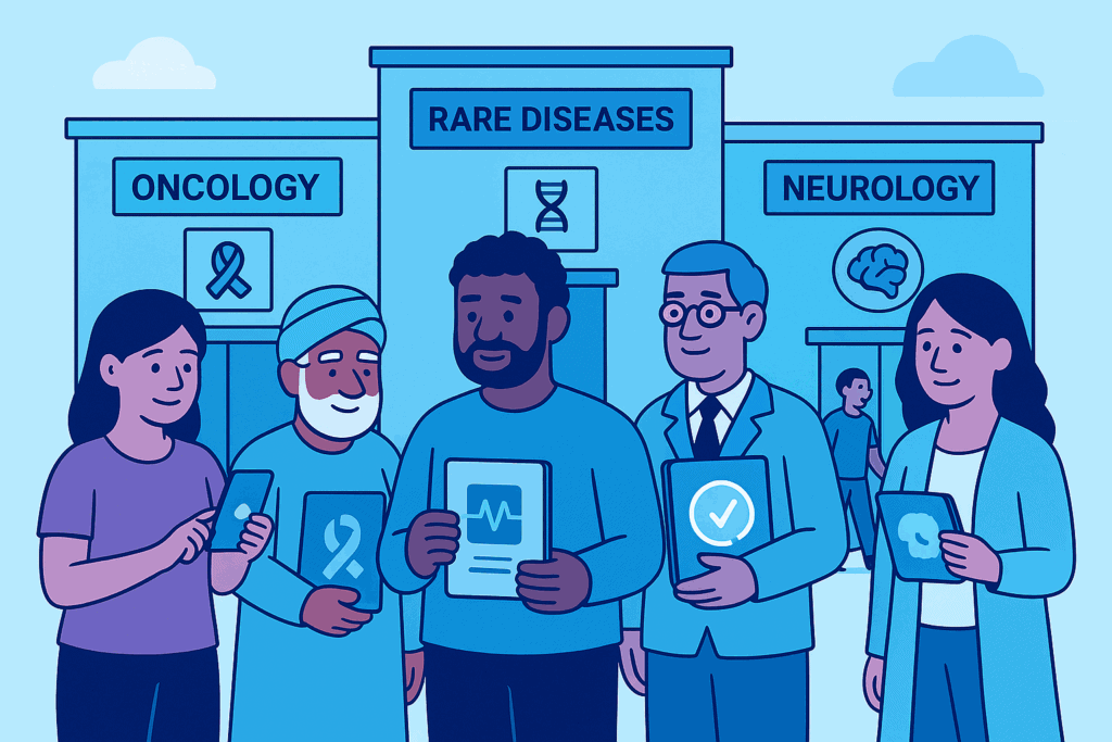A diverse group of patients and researchers stand proudly in front of buildings labeled “Oncology,” “Rare Diseases,” and “Neurology.” Each person holds a device displaying condition-specific icons, such as awareness ribbons, heart monitors, or brain symbols. The image conveys a sense of empowerment, personalisation, and inclusion in clinical research across various medical specialties.