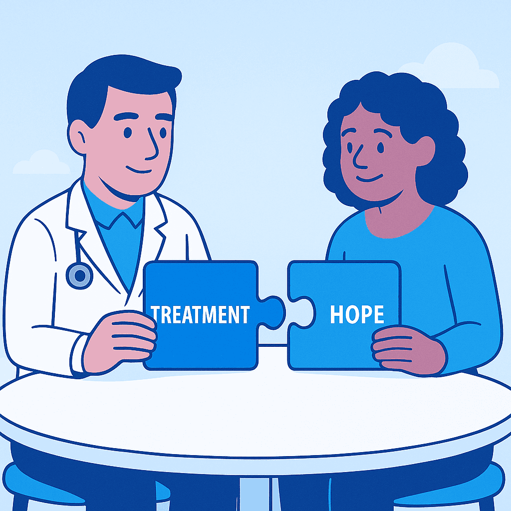 A doctor and a patient sit across from each other at a round table, each holding a puzzle piece. The doctor’s piece says “TREATMENT” and the patient’s piece says “HOPE.” The pieces are about to be joined, symbolising the connection between clinical trials and the promise they represent. The background is light and uplifting, reinforcing a sense of trust, compassion, and shared purpose.