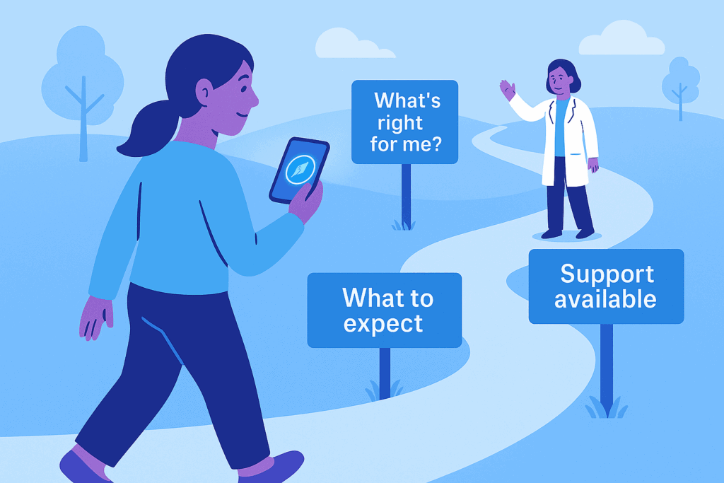 A patient walks confidently along a gently winding path, holding a phone with a glowing navigation icon. Along the path are helpful signposts reading “What’s right for me?”, “What to expect,” and “Support available.” A smiling research nurse stands further along the path, waving in welcome. The atmosphere is calm and reassuring, with soft colours and a sense of guided progress.