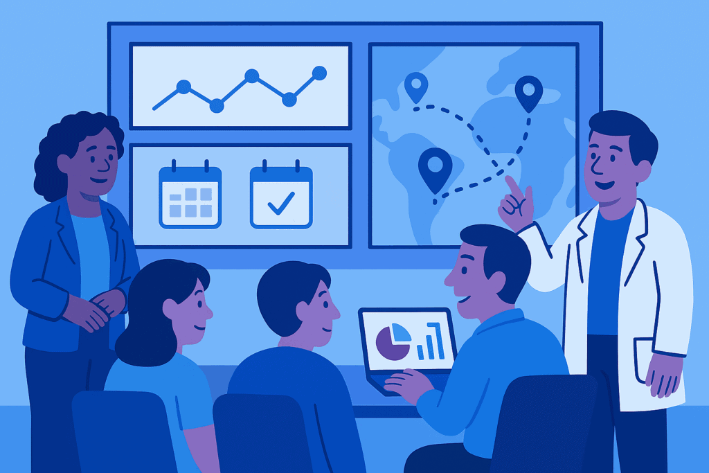 A sponsor team gathers in a clinical operations room, reviewing global trial progress. A doctor points to a large wall screen showing a world map with connected location markers. Next to it, charts and calendars illustrate site activity and timelines. Around the table, a diverse group collaborates, one person working on a laptop displaying a pie chart. The mood is energetic yet focused, with visuals suggesting real-time monitoring and coordination of international clinical research efforts.