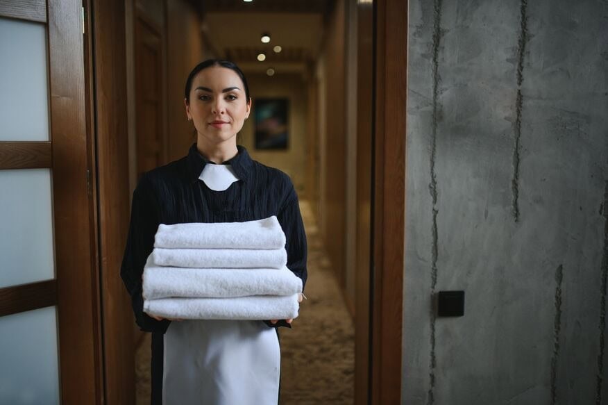 A housekeeping employee in a chambermaid's uniform holds clean folded towels while standing in a hotel hallway.