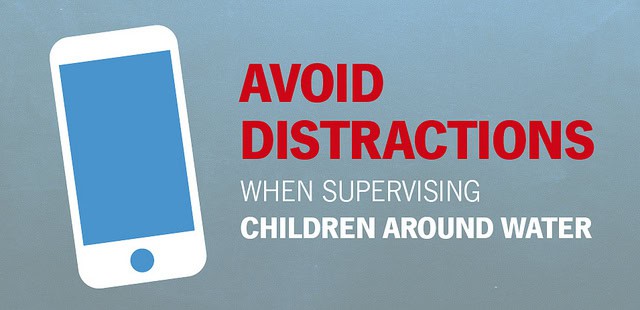 An illustration of a smart phone with a blue screen next to image text that reads "avoid distractions when supervising children around water."