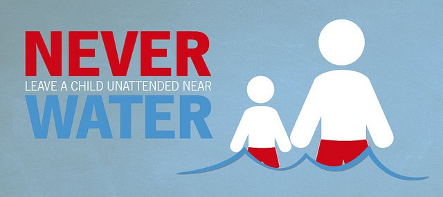 A small and large stick person illustration stand in waist-high waves. Image text on a blue background reads "never leave a child unattended near water."