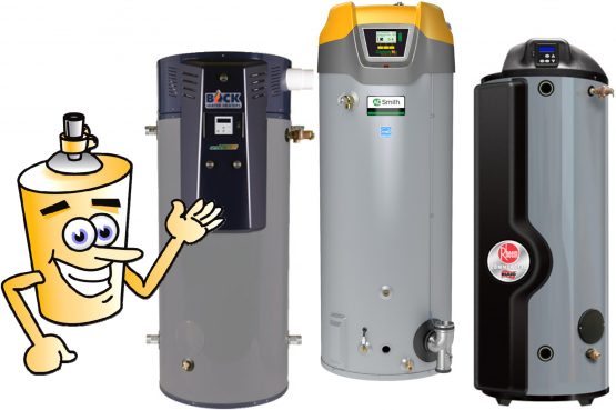 Three different high-efficiency water heaters are shown side by side, illustrating modern tank and tankless designs used for reliable indoor hot water systems. A cartoon water heater points to comparisons between high-efficiency vs. standard water heaters. 