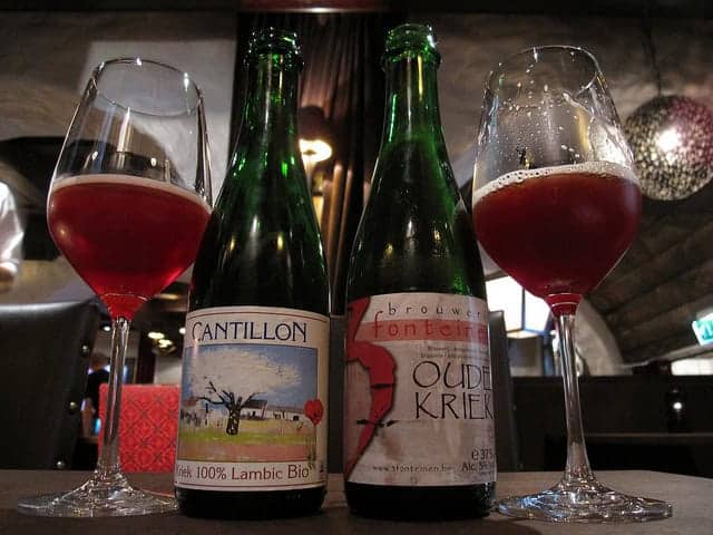 Two bottles of Kriek Lambic beer.