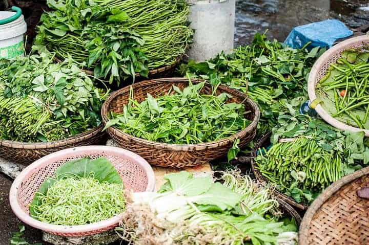 Hand-made wicker bowls are filled with fresh microgreens for sale at a local farmer’s market.