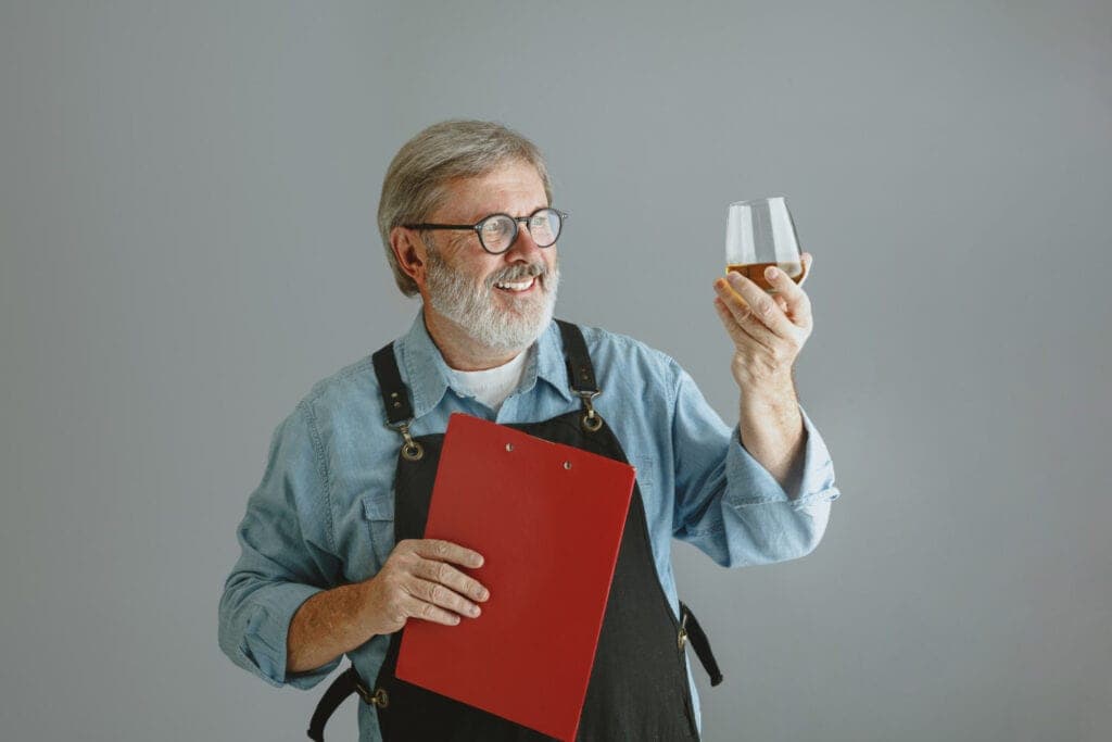 This older brewmaster admires a glass of craft beer. Finding skilled brewmasters is a challenge of running a brewery.