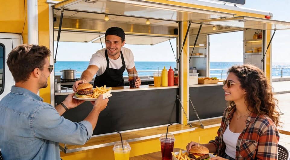 A happy chef in a yellow food truck hands a burger to a smiling man and woman near the sea. 