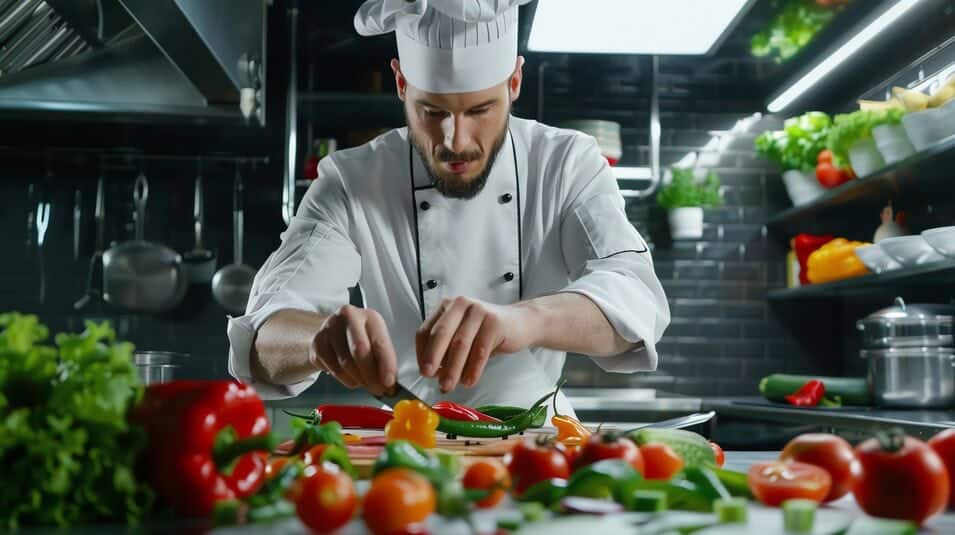 Chef in hotel kitchen is surrounded by colorful vegetables as he prepares a healthy dish. 