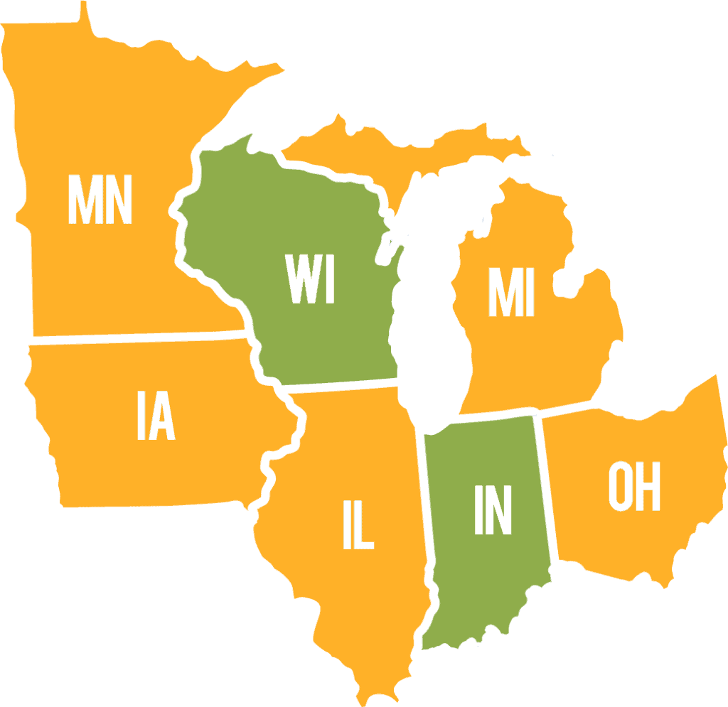 Map of midwest states in yellow and green show Reliable Water Services' service area.