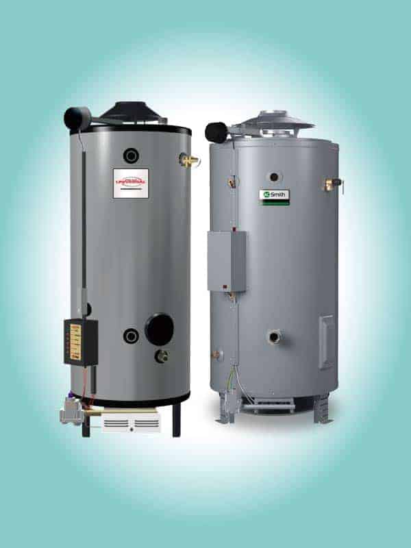 Two side-by-side standard tank type water heaters pictured on a light blue gradient background.
