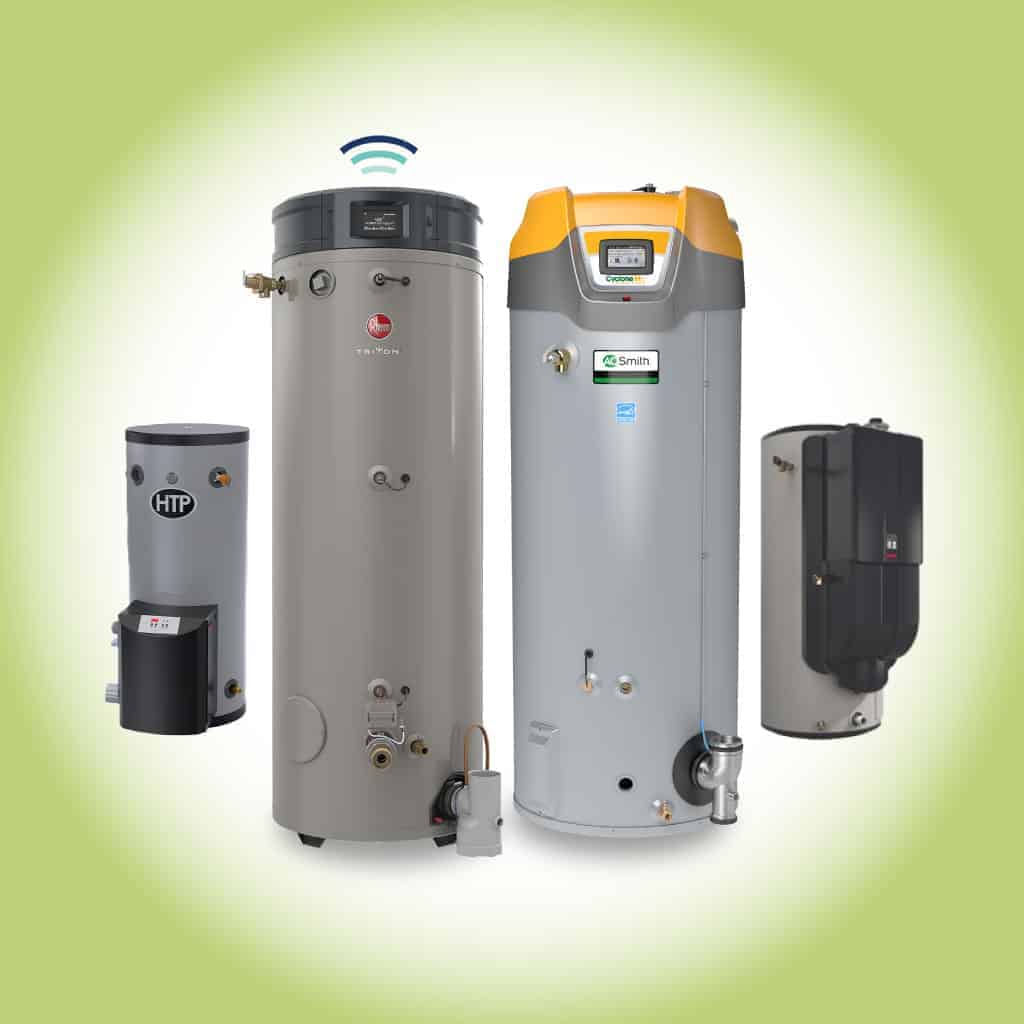 Various high efficiency water heaters are shown lined up against a light green backdrop.