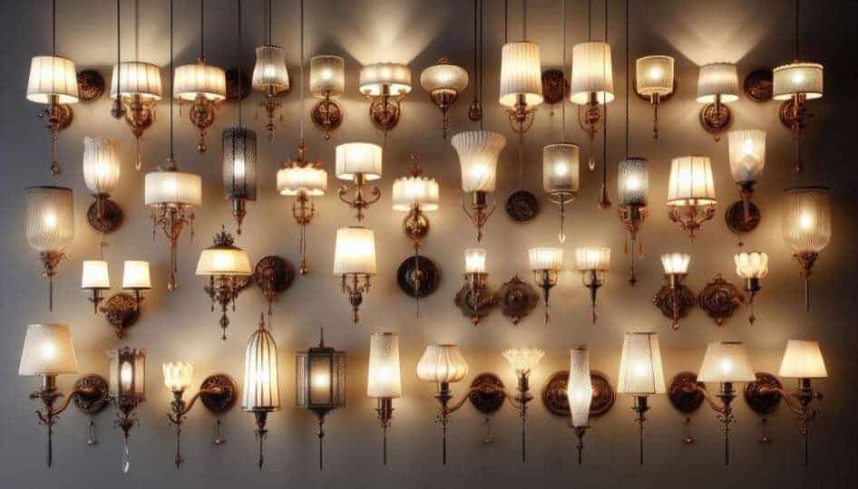A wall of different types of lamps for lighting a restaurant. 