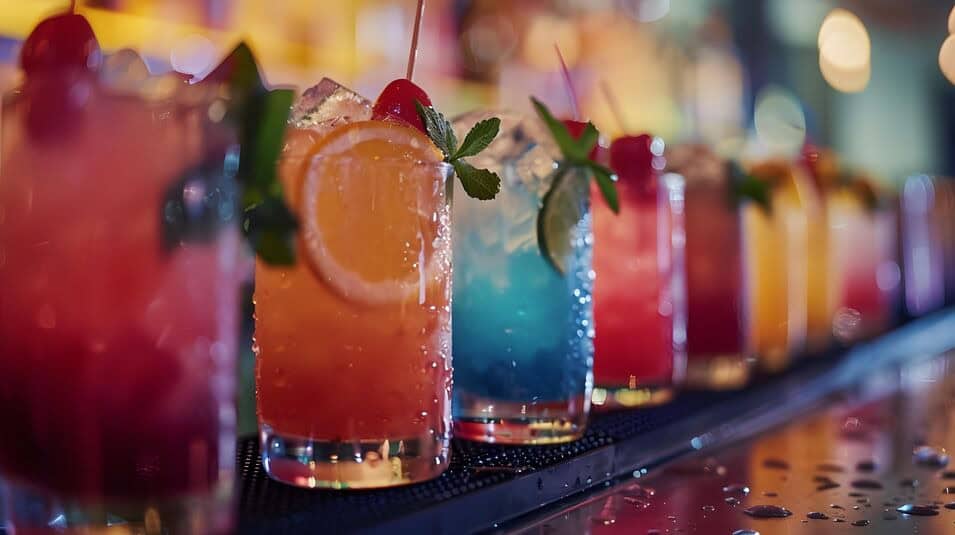 A diagonal row of colorful drinks with fruit and herb garnishes made better by increasing the hotel's water quality for all beverage services. 